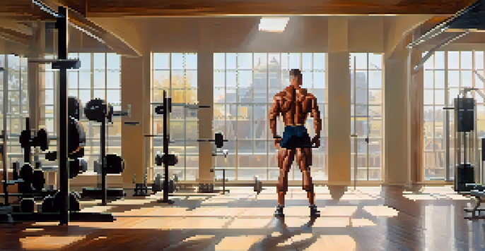 A bodybuilder with a well-defined physique posing in a sunlit gym, surrounded by gym equipment.