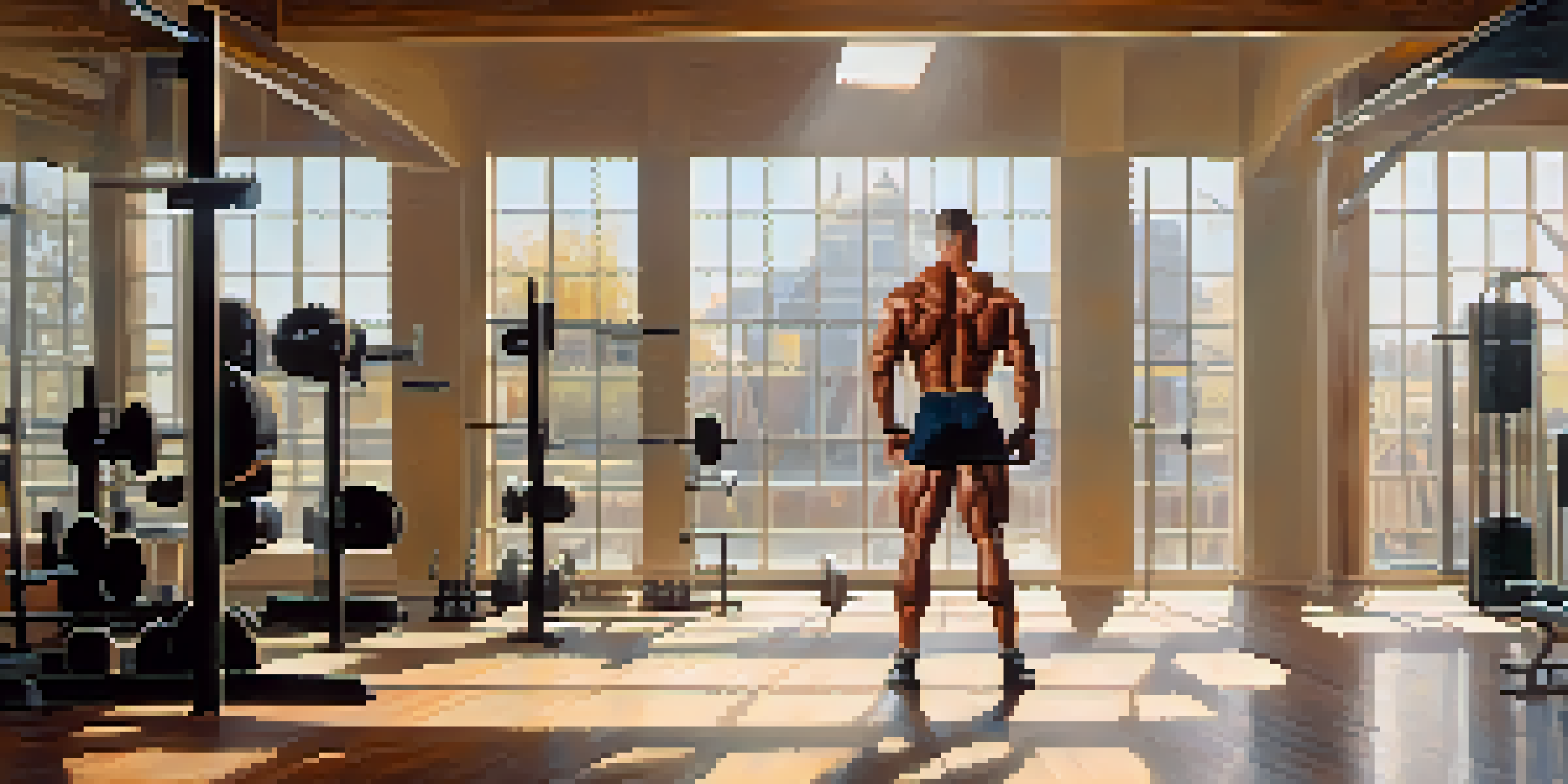 A bodybuilder with a well-defined physique posing in a sunlit gym, surrounded by gym equipment.