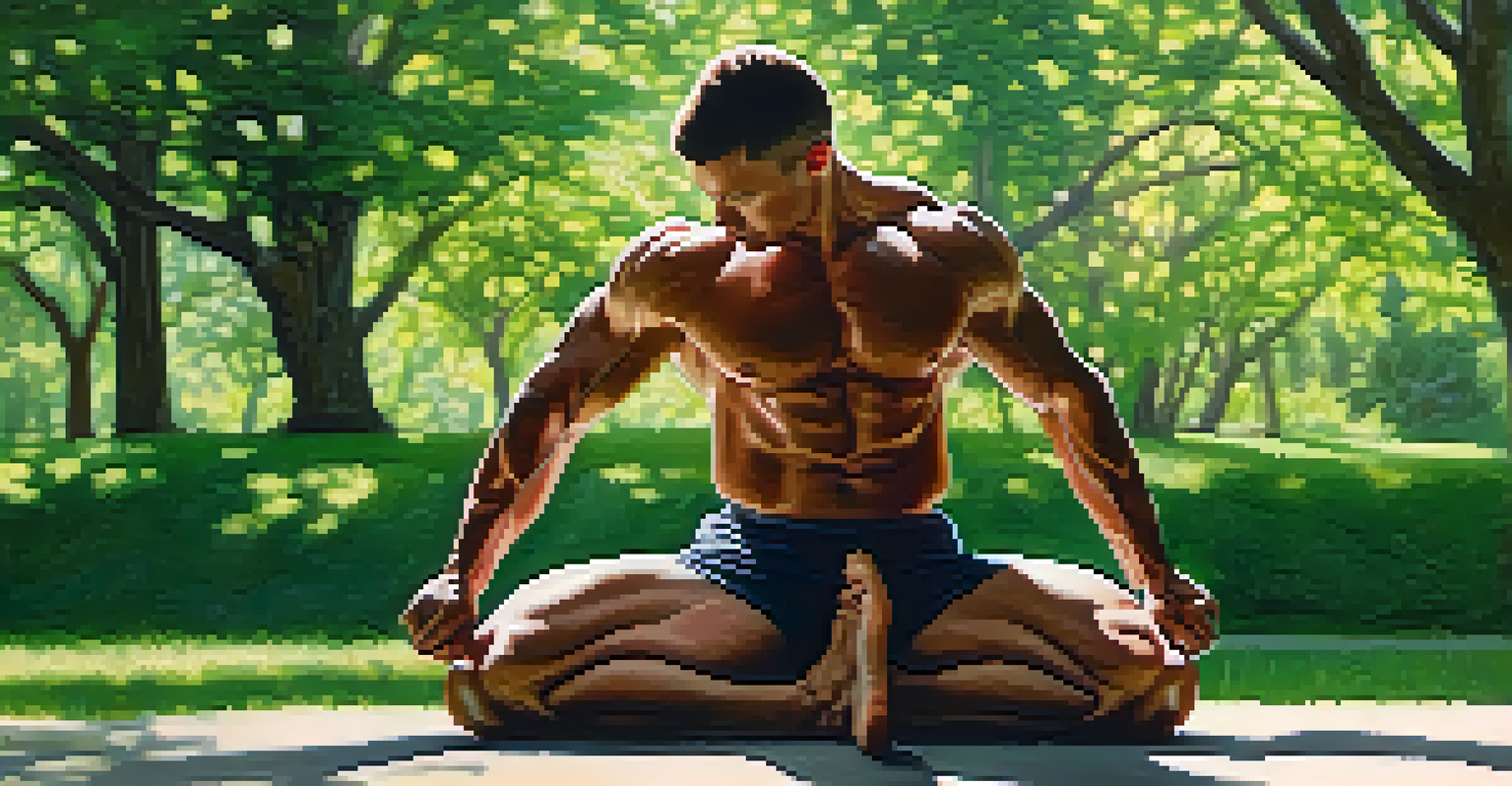 A bodybuilder holding a static stretch in a peaceful park surrounded by trees.