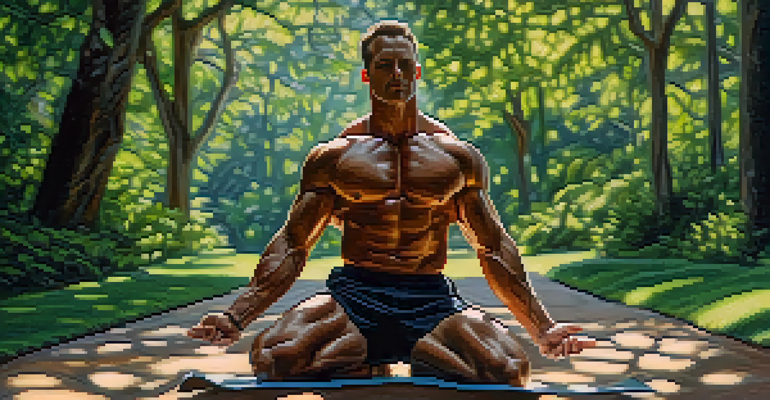 A bodybuilder stretching outdoors in a green, tranquil setting, with sunlight filtering through the trees.