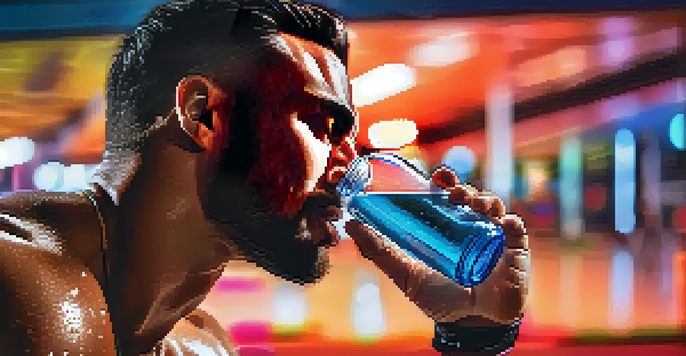 A strong athlete drinking water from a clear bottle in a bright gym setting.