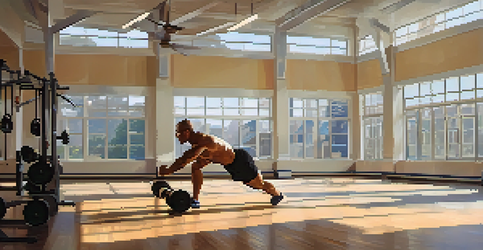 A bodybuilder in a gym performing dynamic stretches with soft morning light streaming in, emphasizing the warm-up routine.