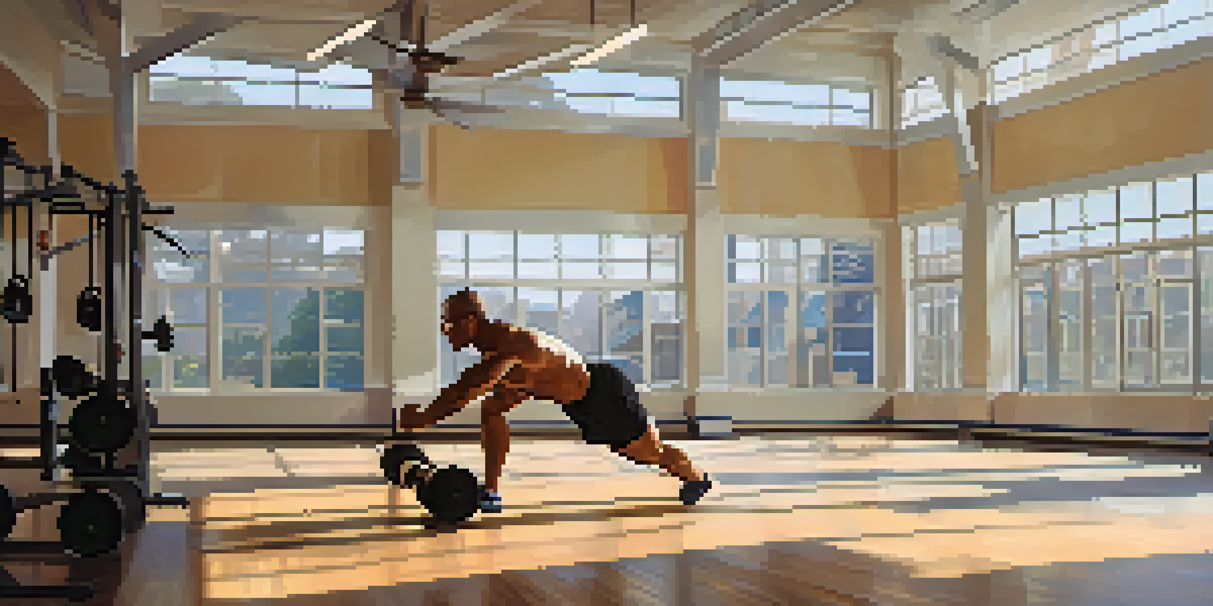 A bodybuilder in a gym performing dynamic stretches with soft morning light streaming in, emphasizing the warm-up routine.