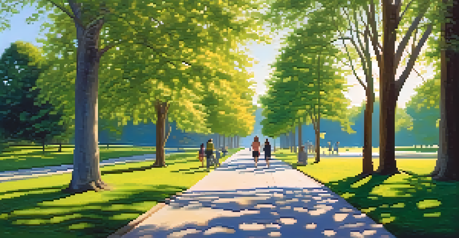 A tranquil park scene with people walking and stretching on a sunny day, surrounded by trees.
