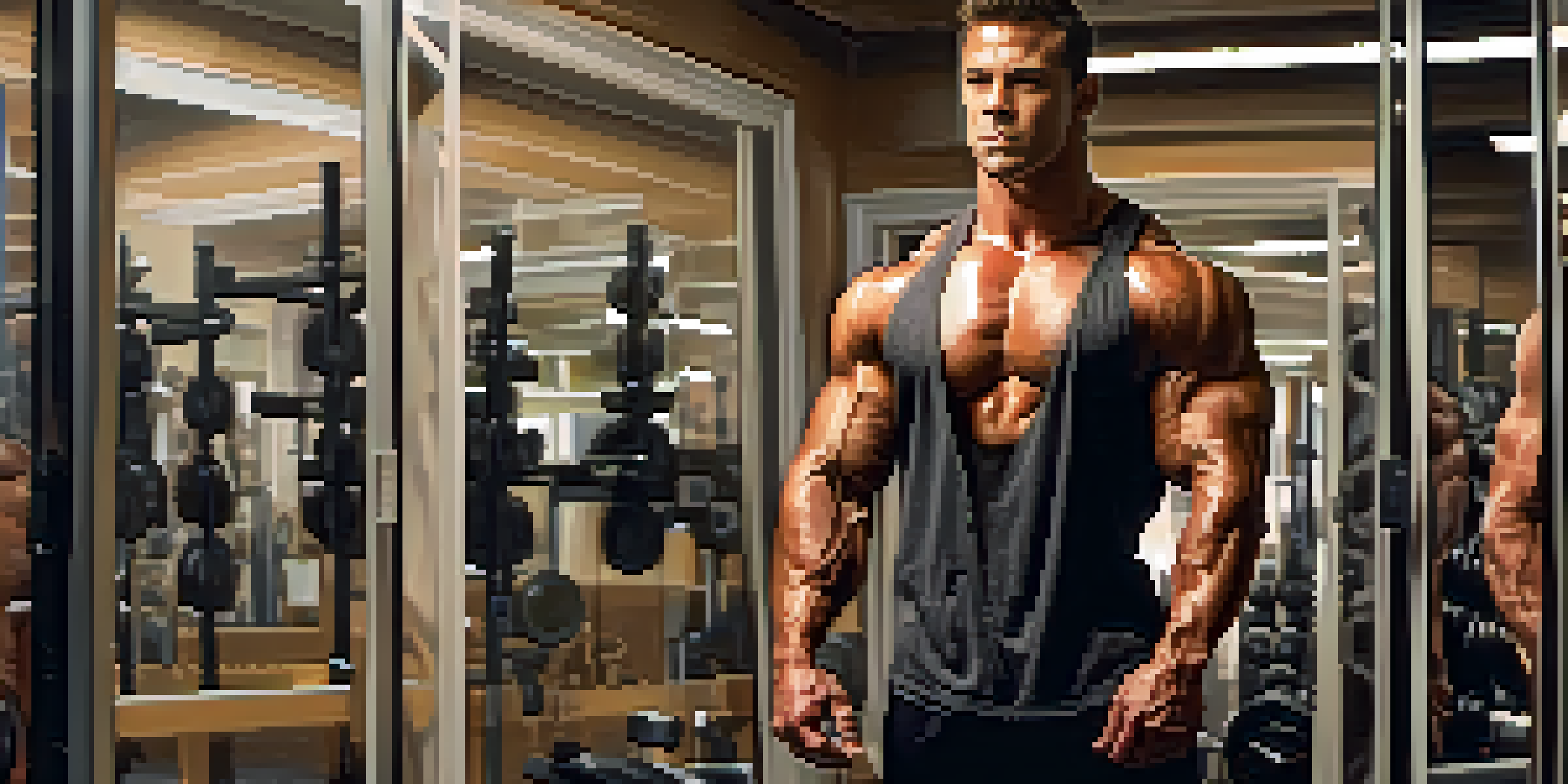A bodybuilder looking at their reflection in a mirror, visualizing success with a determined expression and gym equipment in the background.