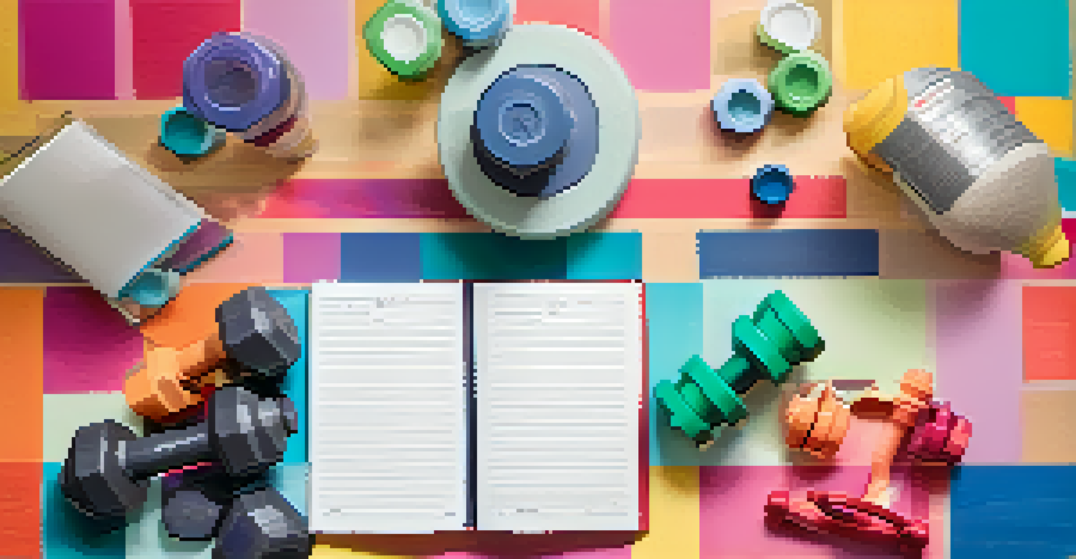 An overhead view of workout equipment on a yoga mat, including dumbbells, a water bottle, and a notebook.