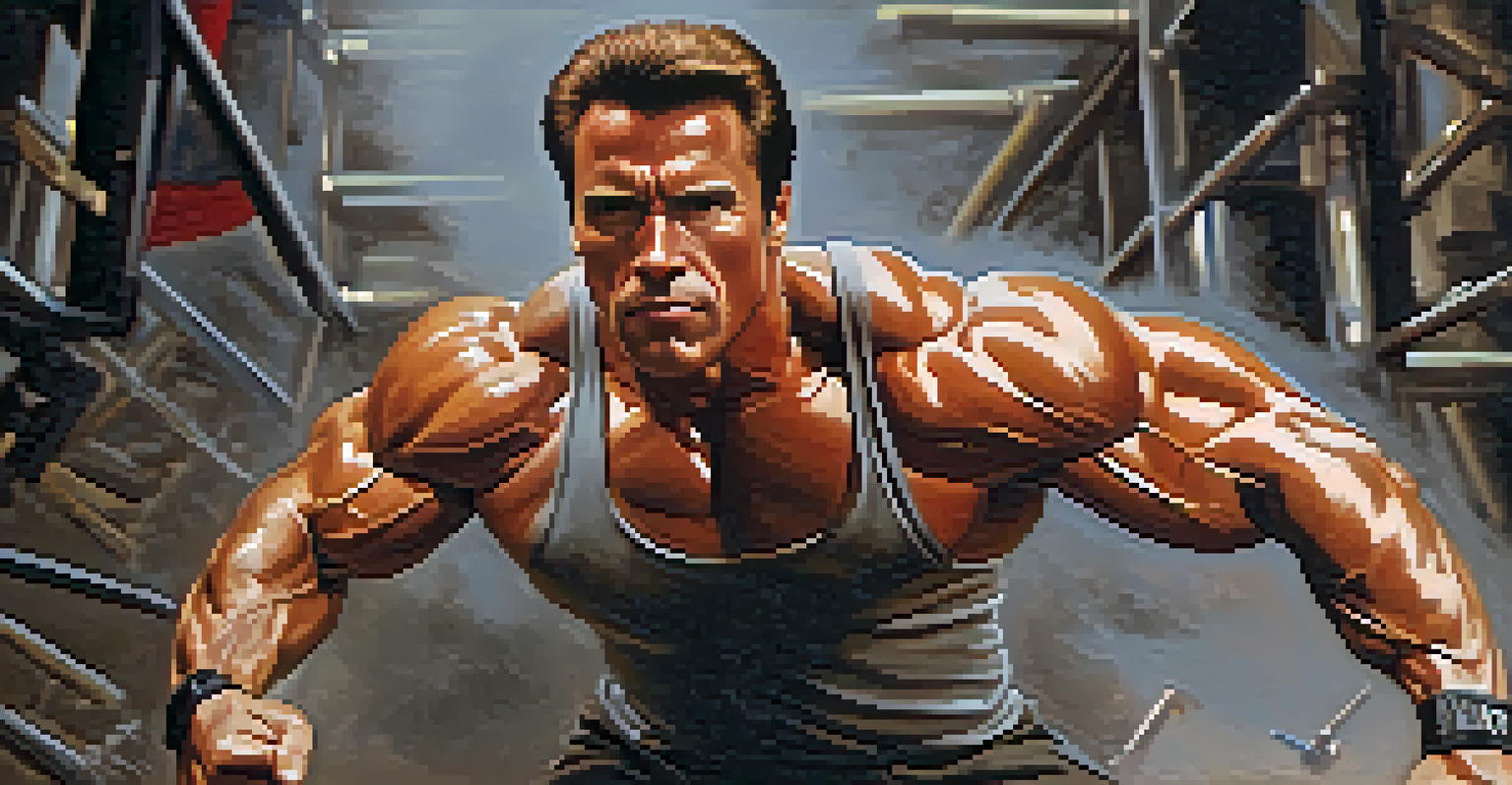 Arnold Schwarzenegger in action during a movie shoot, displaying muscular build and intense expression on a cinematic set.