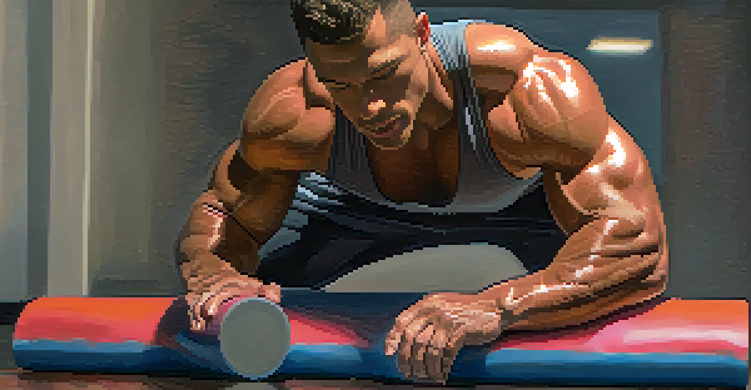 A bodybuilder using a foam roller for muscle recovery on a gym mat, highlighting the importance of flexibility training.