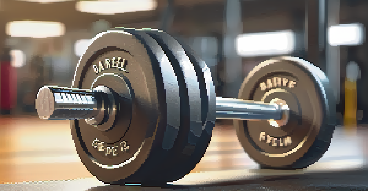 A close-up of a barbell with weights on a gym bench, showcasing the textured grip and shiny plates.