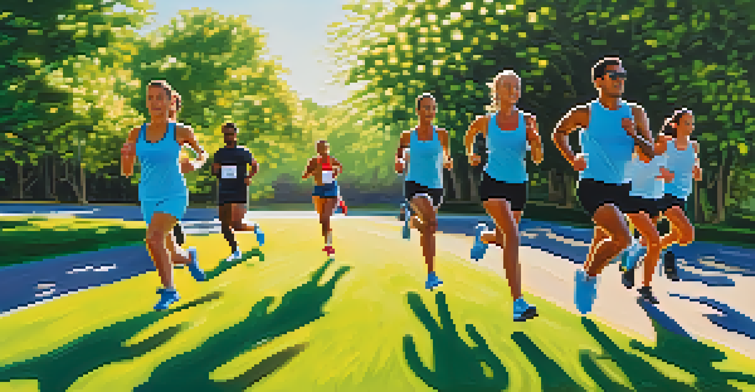 A diverse group of runners training in a sunny park, representing endurance training.
