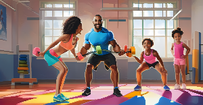 A family working out together in a bright gym, with the father lifting weights and the children exercising.