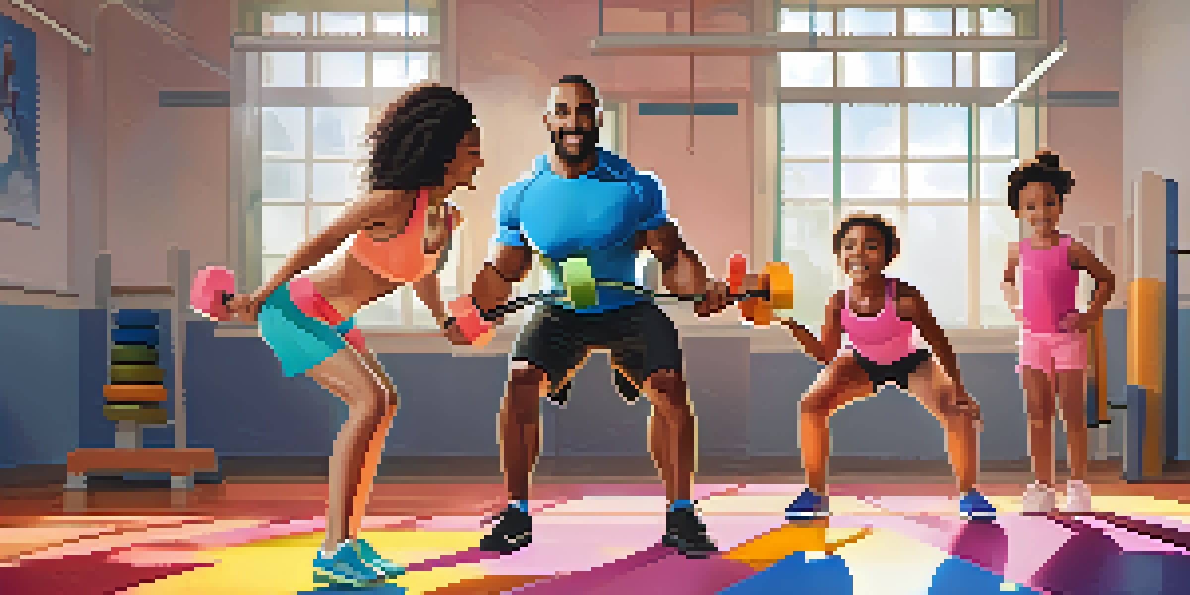 A family working out together in a bright gym, with the father lifting weights and the children exercising.