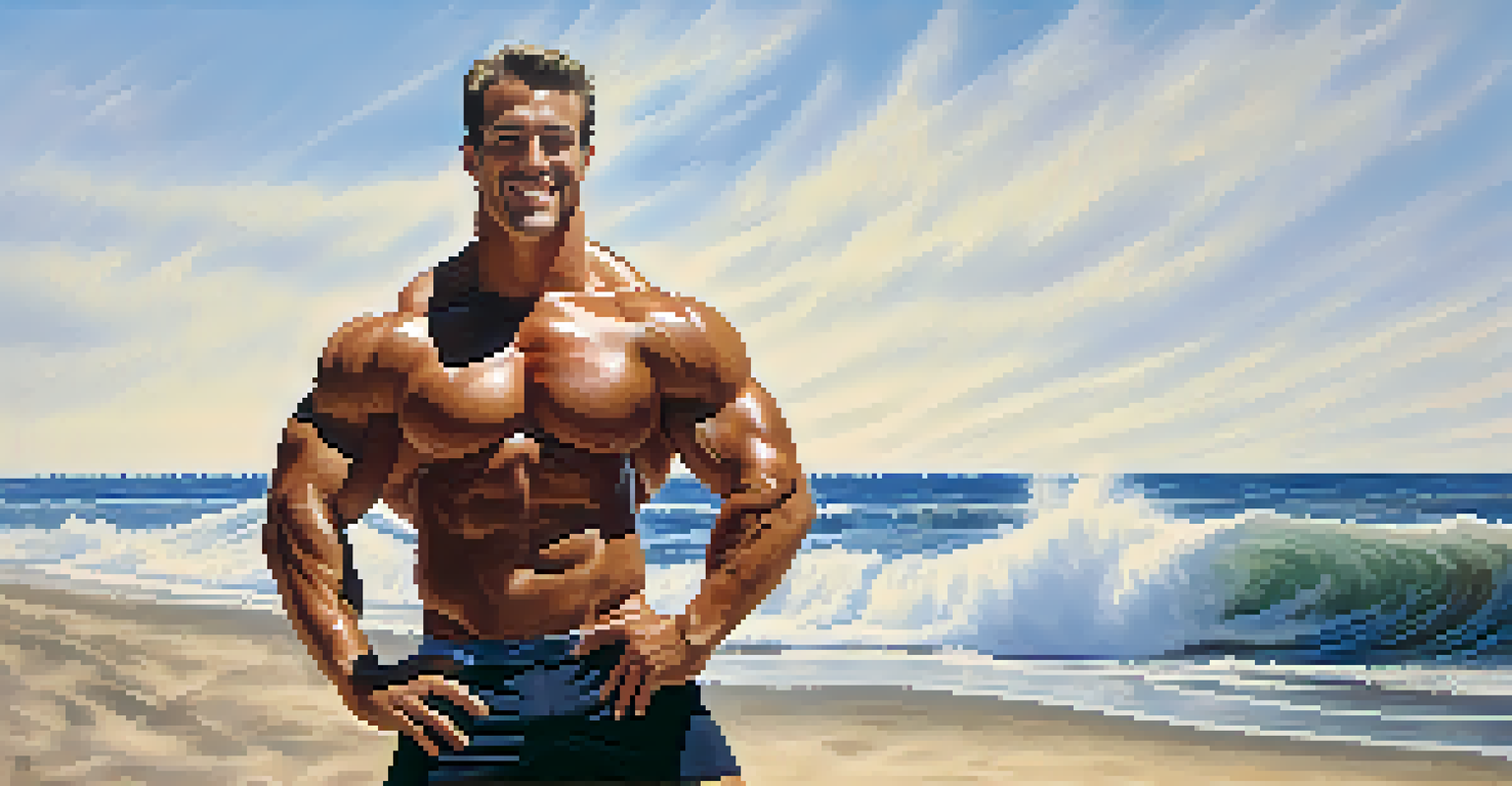 A bodybuilder posing confidently on a sunny beach with ocean waves in the background.