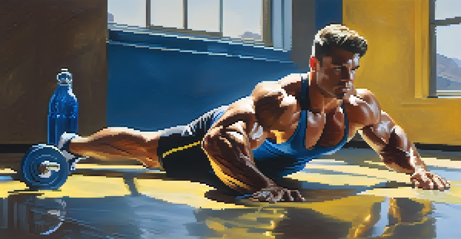 A bodybuilder lifting weights with a water bottle on the floor in the foreground, captured in a dynamic and intense lighting setup.