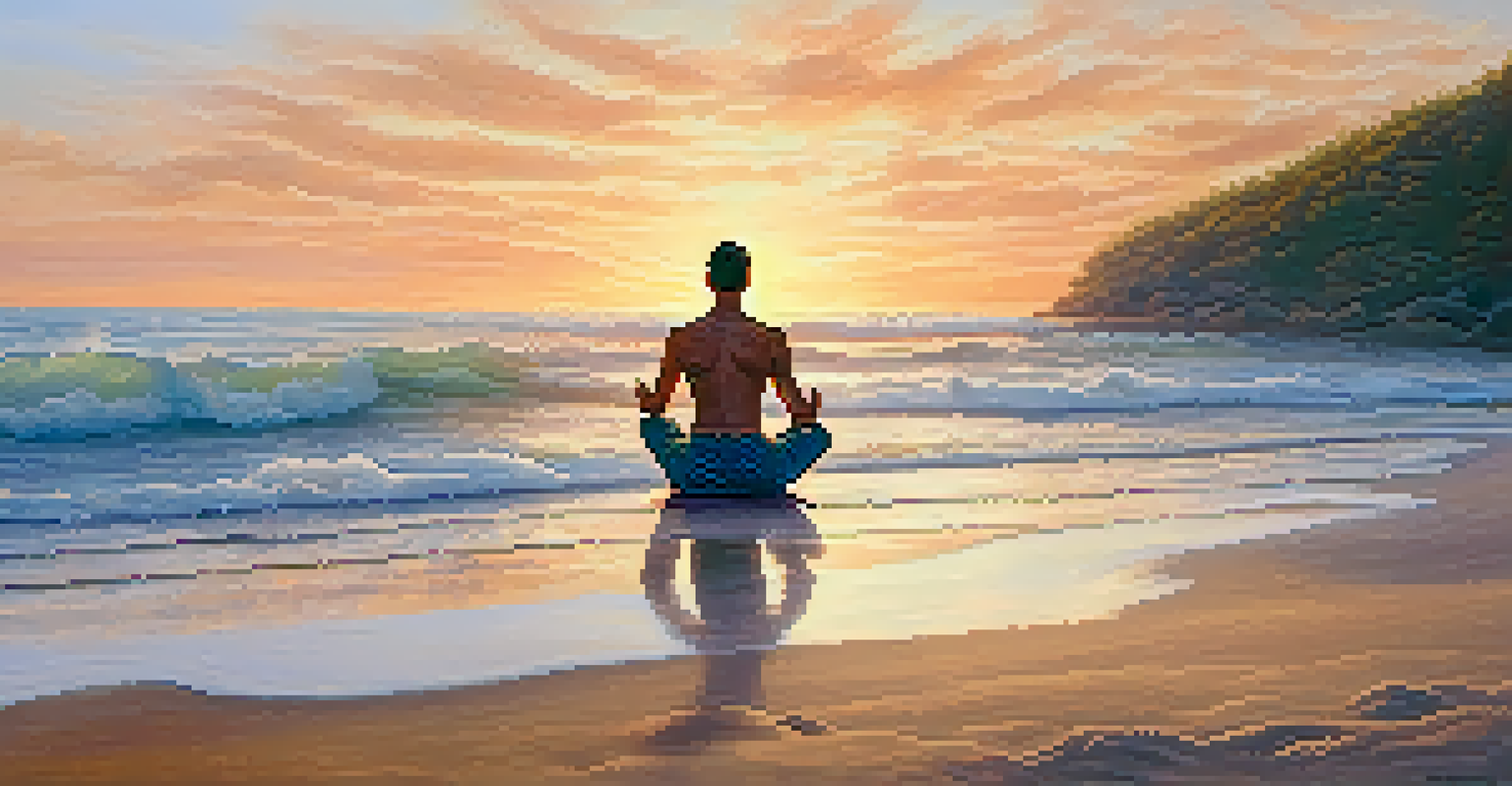 A man practicing yoga on a beach at sunrise, representing relaxation and stress management.