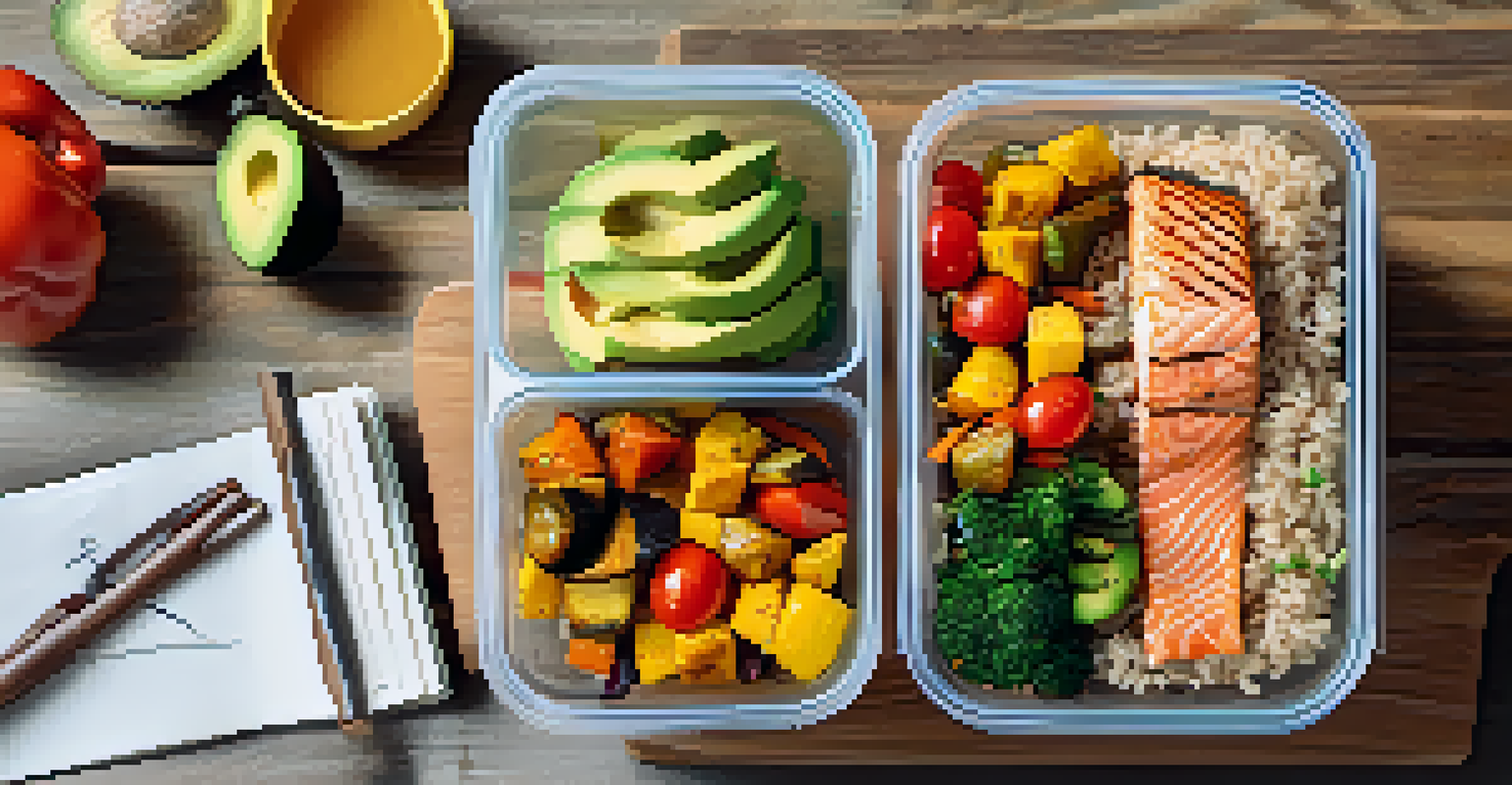 A close-up of a balanced meal prep container with grilled salmon, brown rice, and vegetables on a wooden table.