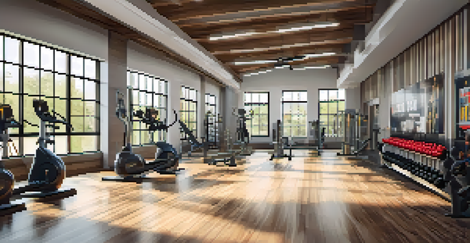 A gym interior filled with various bodybuilding equipment, illuminated by natural light from large windows, with polished wooden floors and motivational posters on the walls.