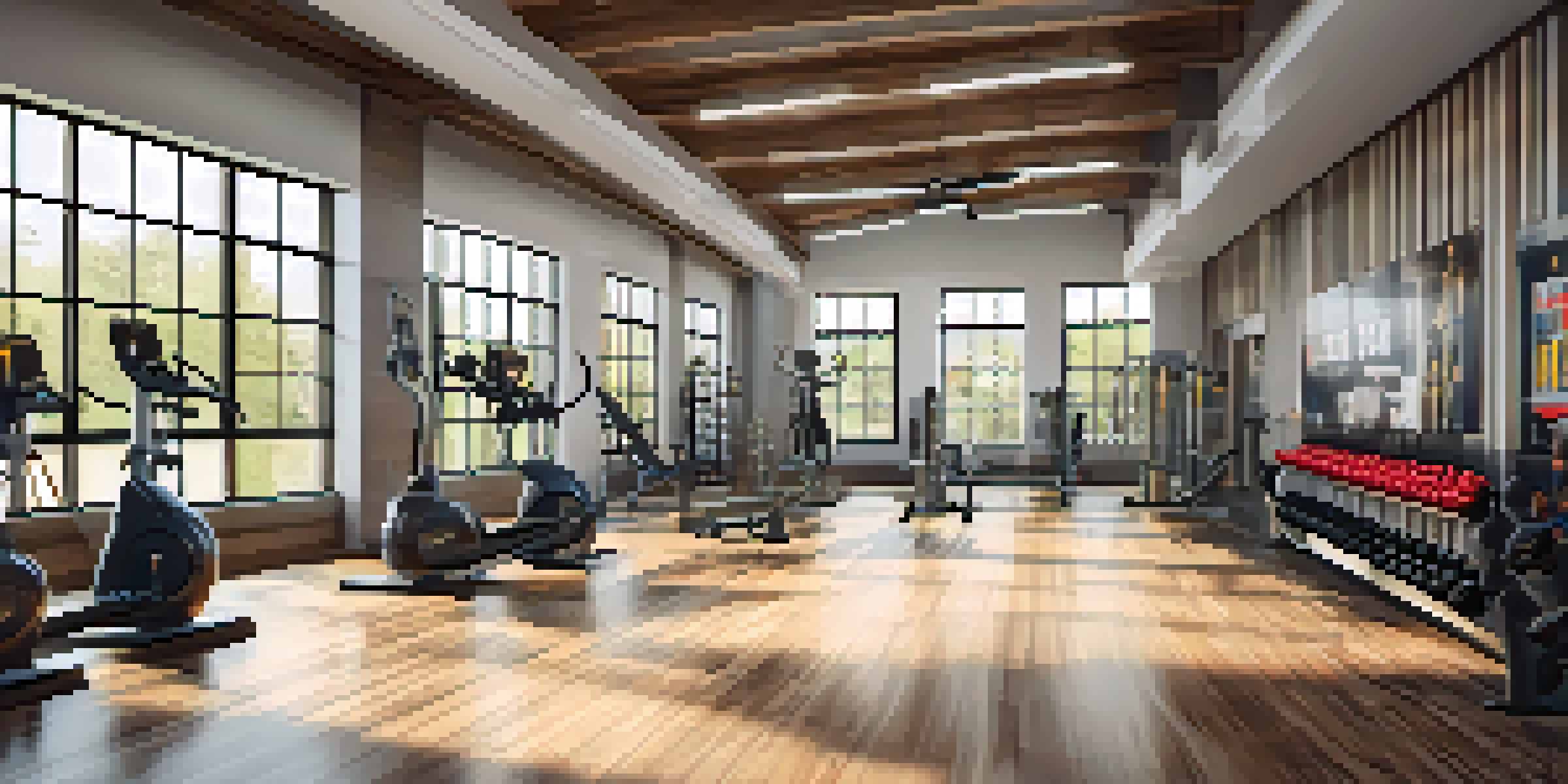 A gym interior filled with various bodybuilding equipment, illuminated by natural light from large windows, with polished wooden floors and motivational posters on the walls.