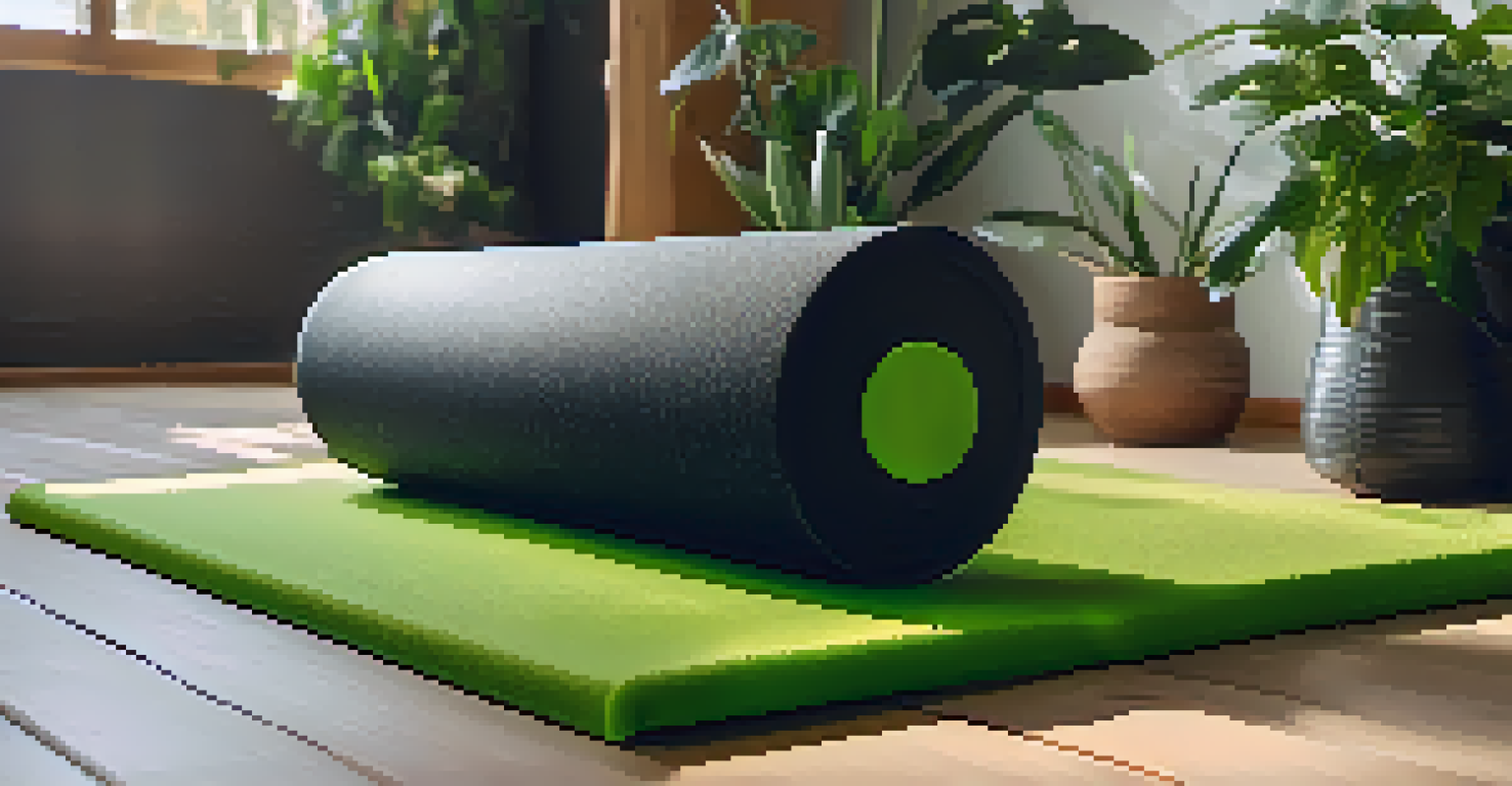 A close-up of a hand on a foam roller in a cozy home gym with yoga and fitness equipment visible.