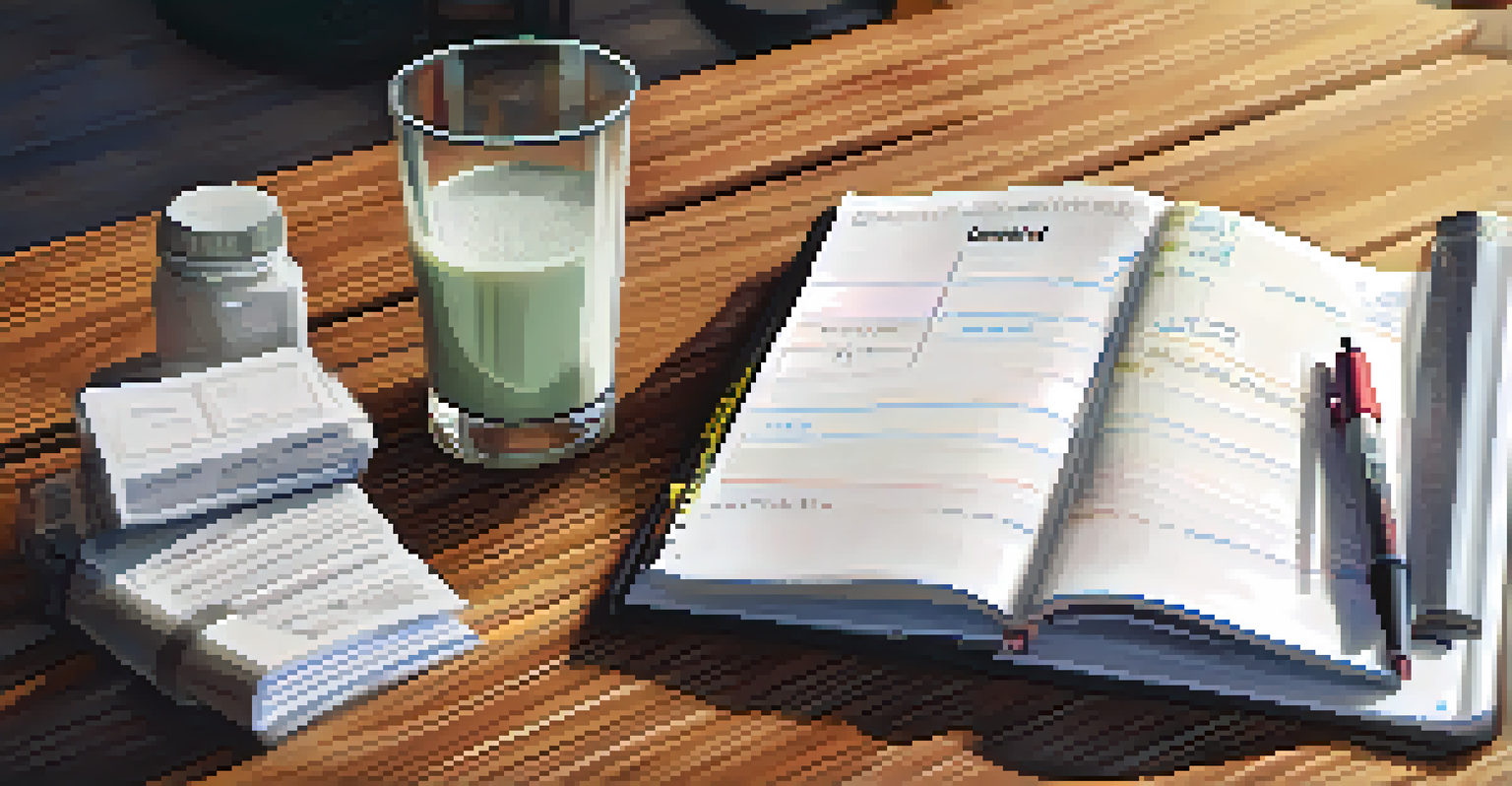 A close-up of an open workout journal with notes, a pen, and a protein shake on a table, illuminated by natural light.