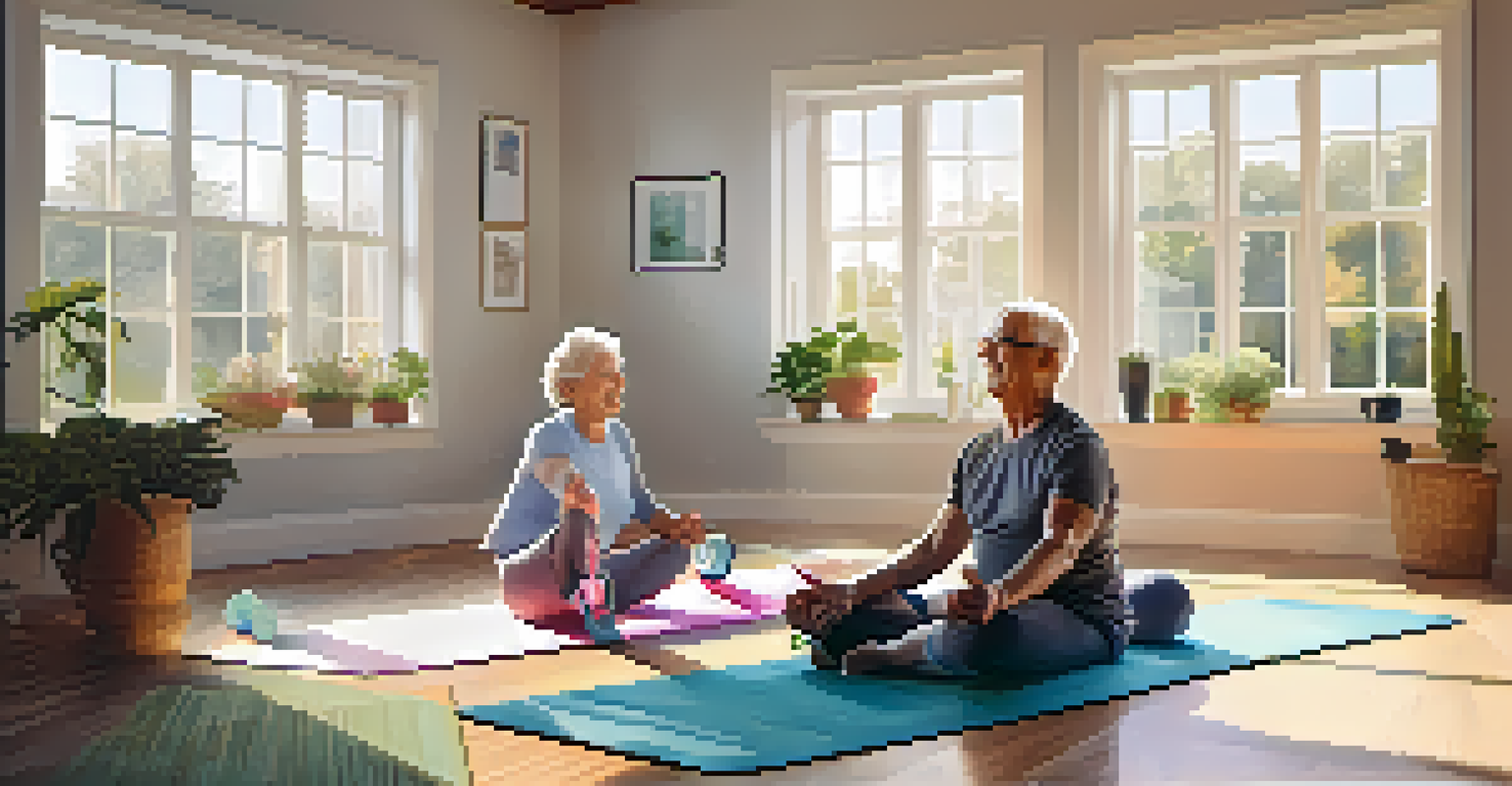 An elderly couple exercising together at home, promoting health and companionship.