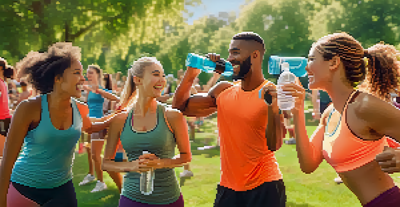 Friends celebrating their fitness achievements after a workout in a sunny park.