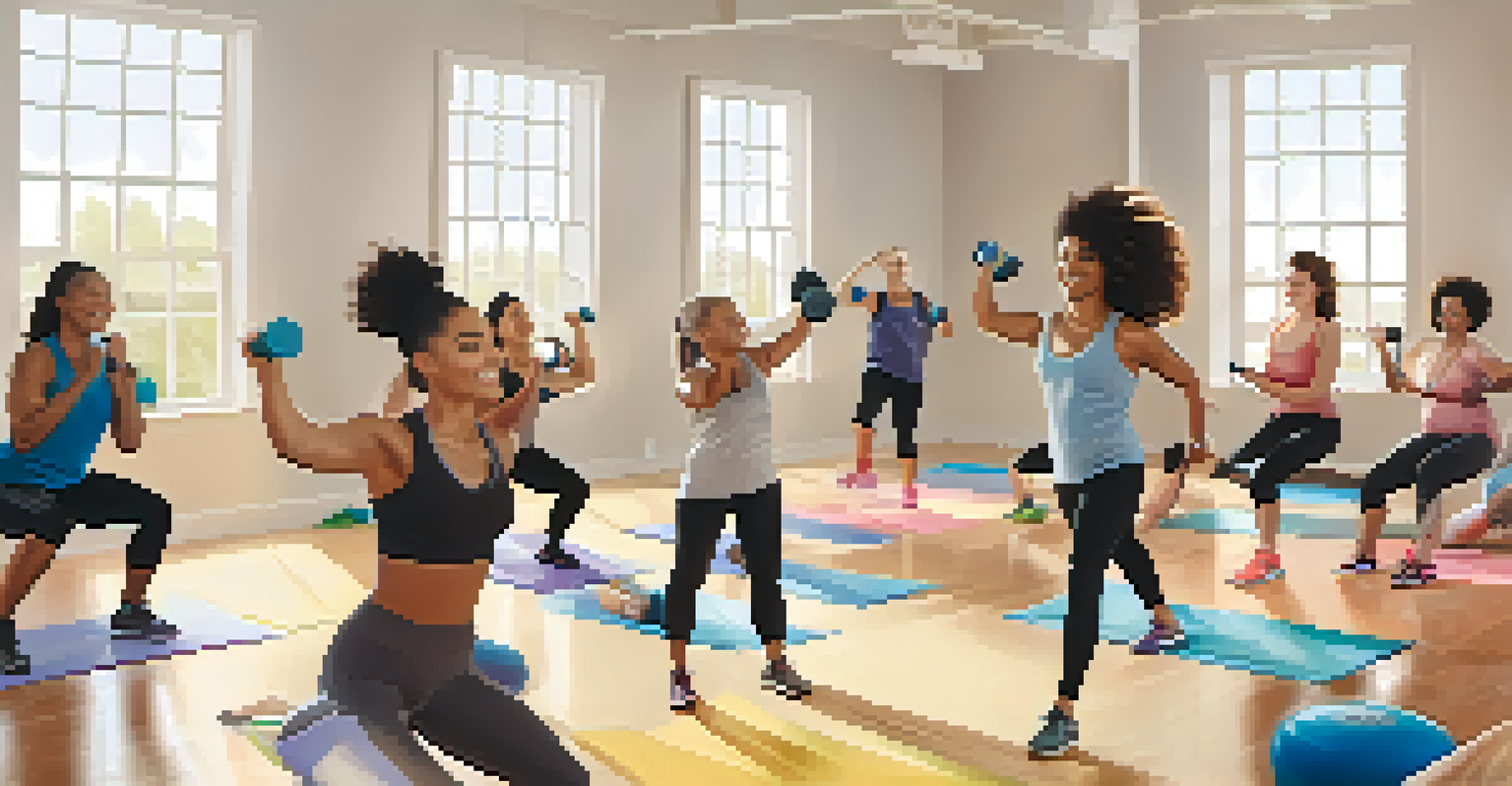 A diverse group of people exercising together in a supportive fitness class.