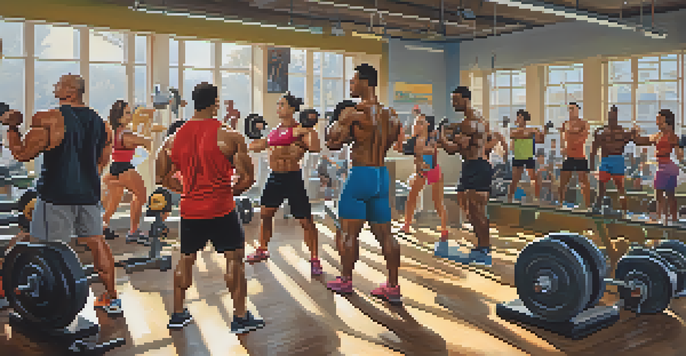 A diverse group of bodybuilders working out together in a gym, with friends cheering and bright sunlight streaming through windows.