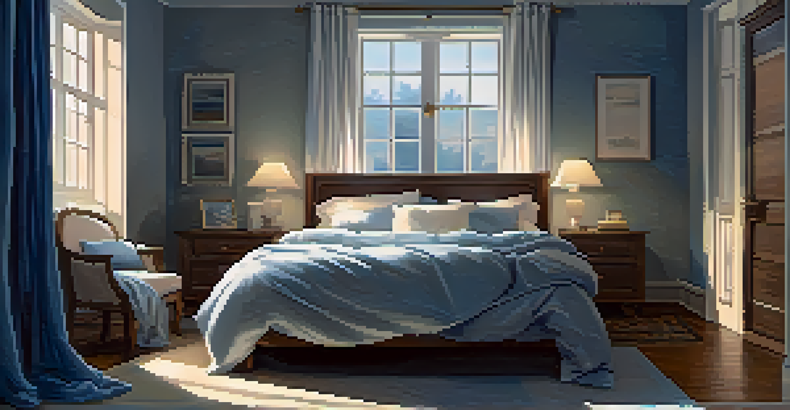 A serene bedroom with a person sleeping peacefully under a cozy blanket and soft pillows.