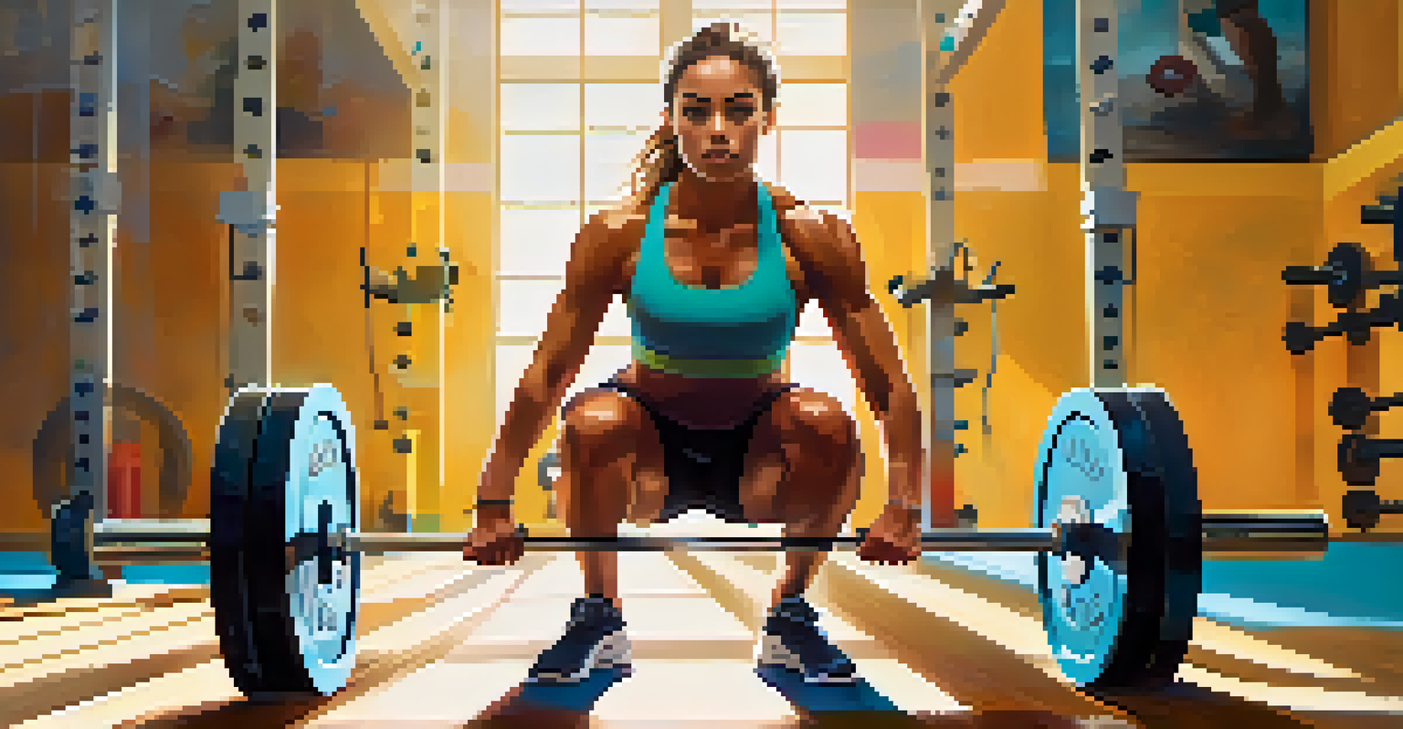 A person doing a barbell squat in a bright gym, surrounded by exercise equipment and sunlight.