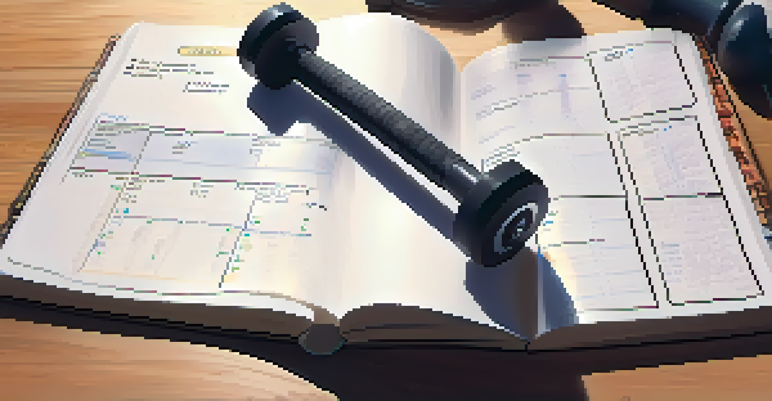 An open fitness journal with workout logs and dumbbells on a wooden table, illuminated by soft morning light.