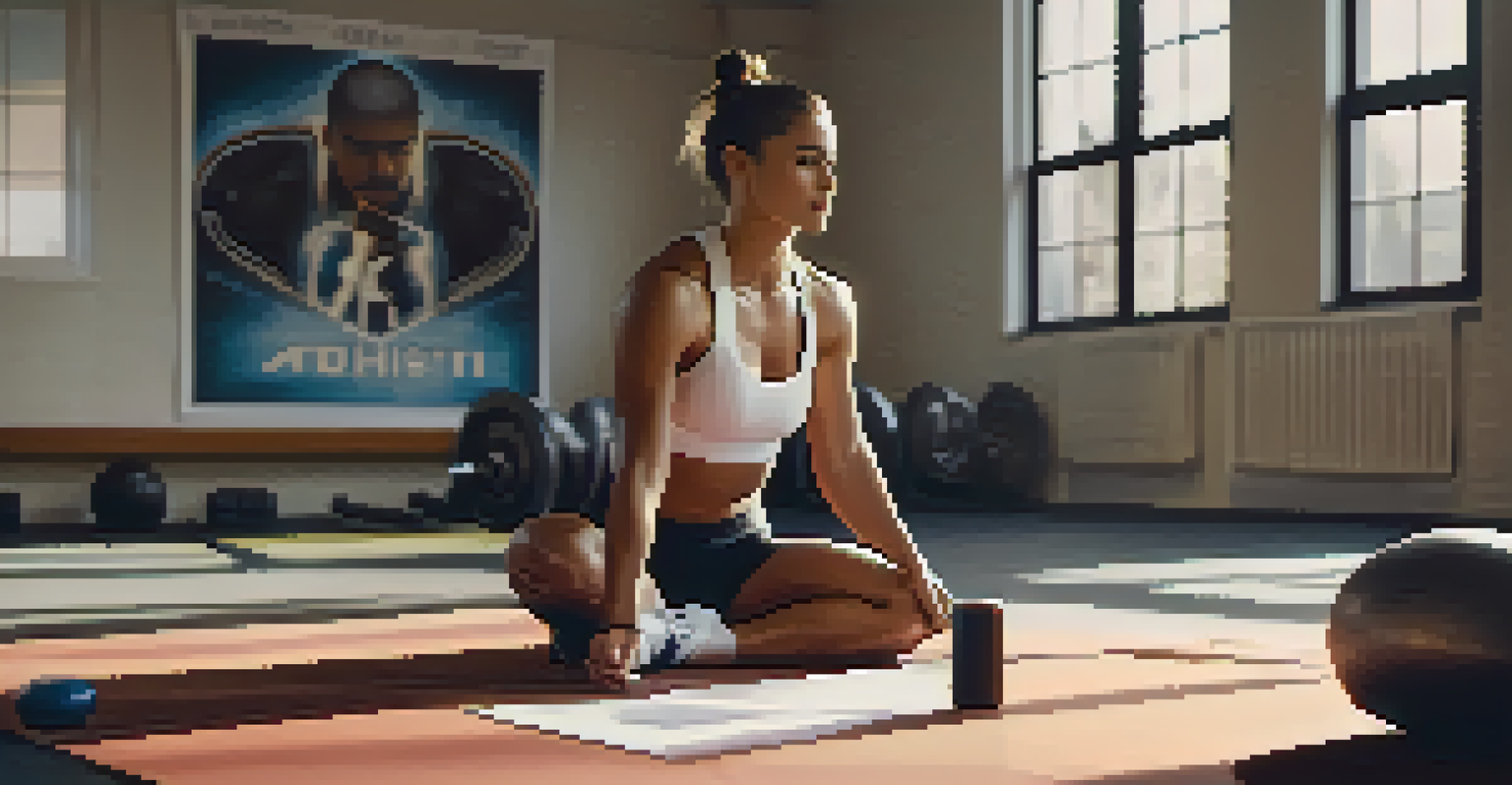 An athlete sitting on a gym mat, appearing focused and in deep thought, with motivational posters on the walls in a softly lit room.