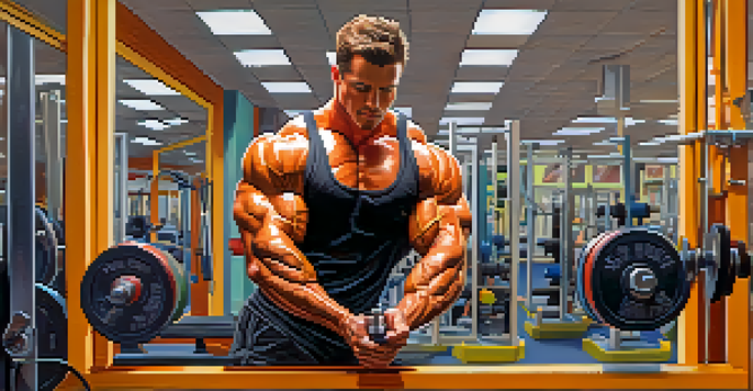 A bodybuilder measuring his bicep in a gym, reflecting determination in front of a mirror with exercise equipment around.