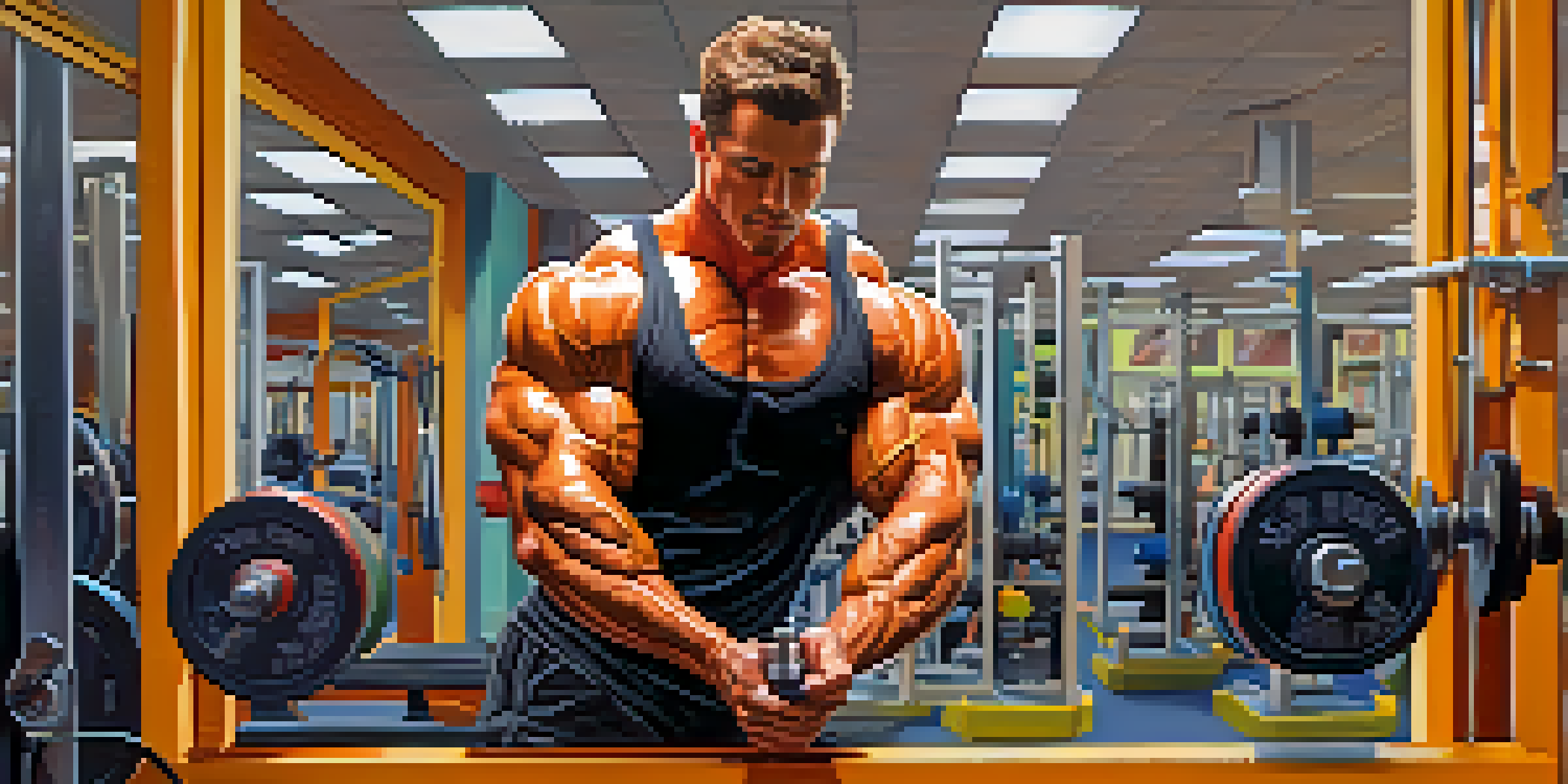 A bodybuilder measuring his bicep in a gym, reflecting determination in front of a mirror with exercise equipment around.