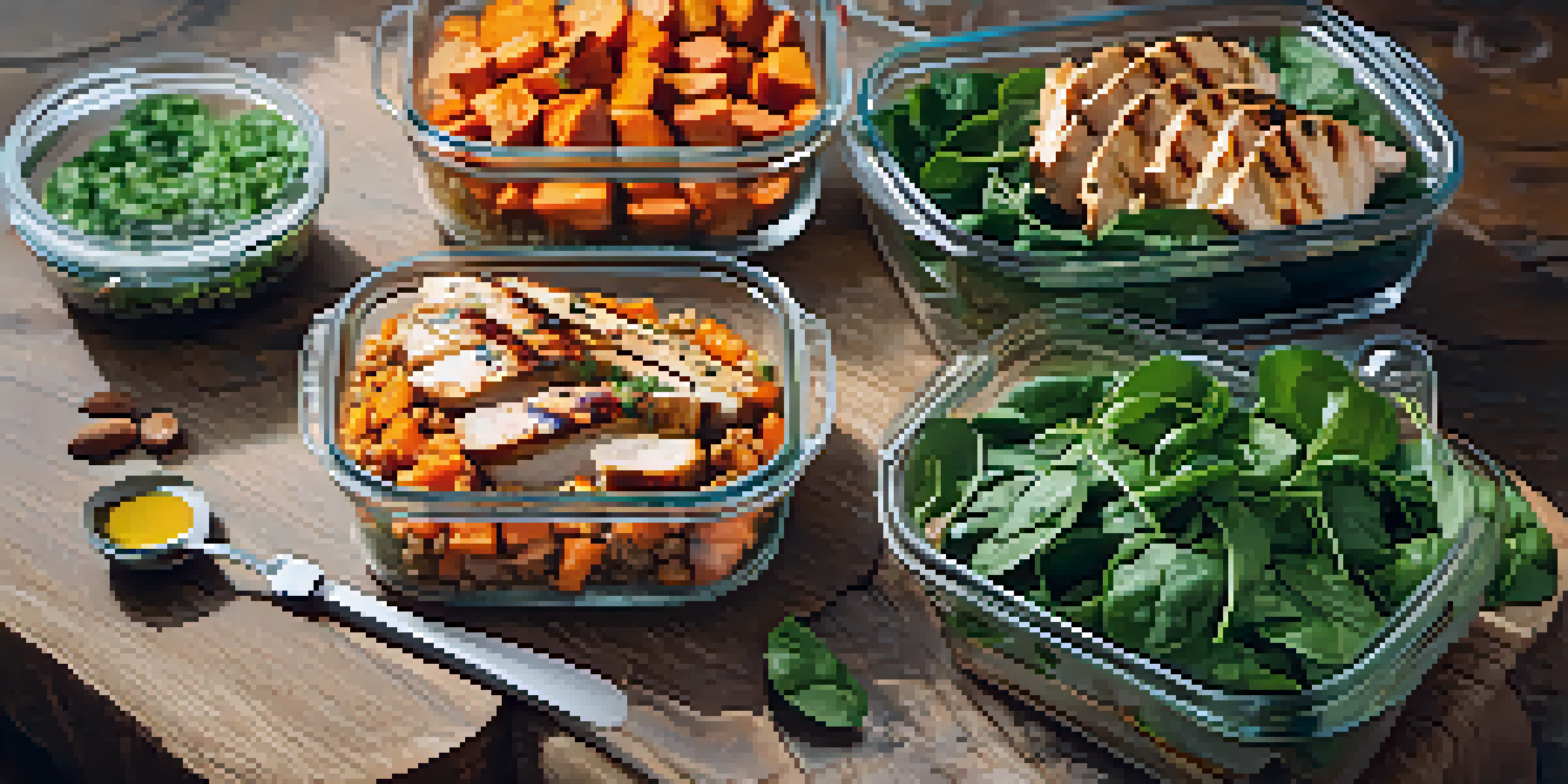 A colorful meal prep setup showing grilled chicken, quinoa, and sweet potatoes in glass containers on a wooden table with spinach and almonds.