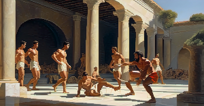 Ancient Greek athletes training in a gymnasium, showcasing muscular figures engaged in wrestling, weightlifting, and running under sunlight.