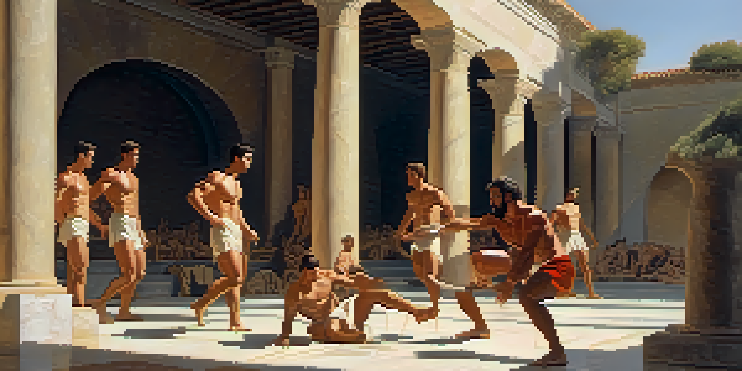 Ancient Greek athletes training in a gymnasium, showcasing muscular figures engaged in wrestling, weightlifting, and running under sunlight.