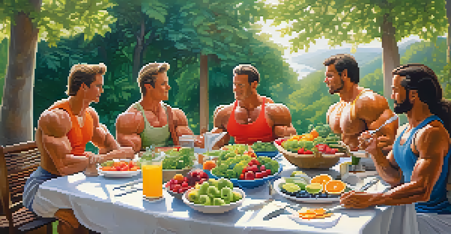 A group of bodybuilders enjoying a healthy meal outdoors with colorful fruits and vegetables on a table surrounded by greenery.