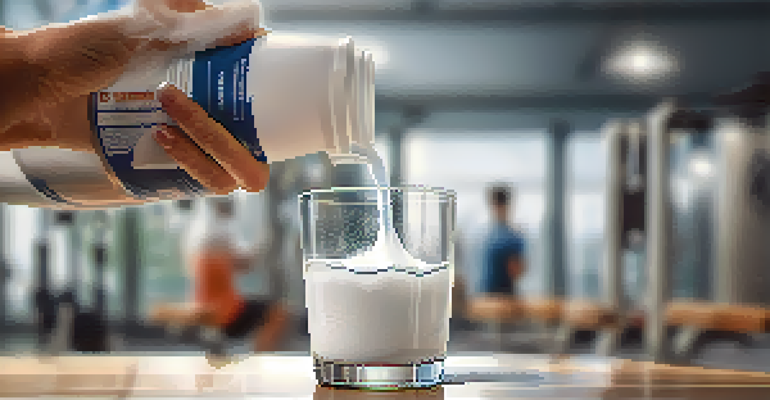 A hand pouring a supplement into a glass of water with a gym in the background.