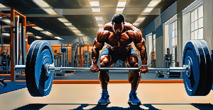 A bodybuilder lifting weights in a gym, showcasing intense focus and strength.
