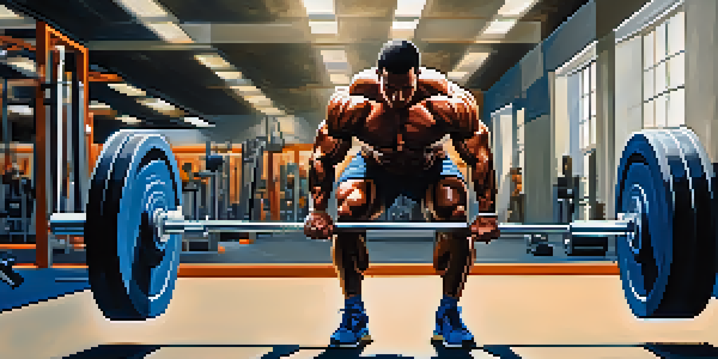 A bodybuilder lifting weights in a gym, showcasing intense focus and strength.