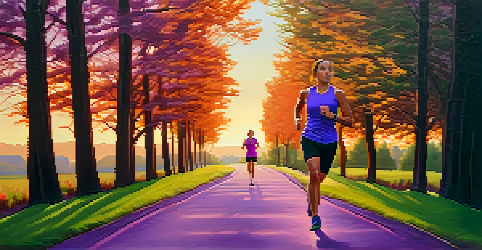 A person running on a scenic path at sunset, surrounded by trees and colorful sky.