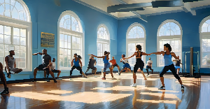 A diverse group of individuals performing a warm-up routine in a bright gym, with natural light and motivational posters in the background.