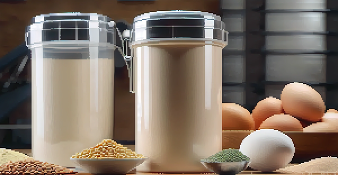 A protein powder container surrounded by protein-rich foods in a gym setting.