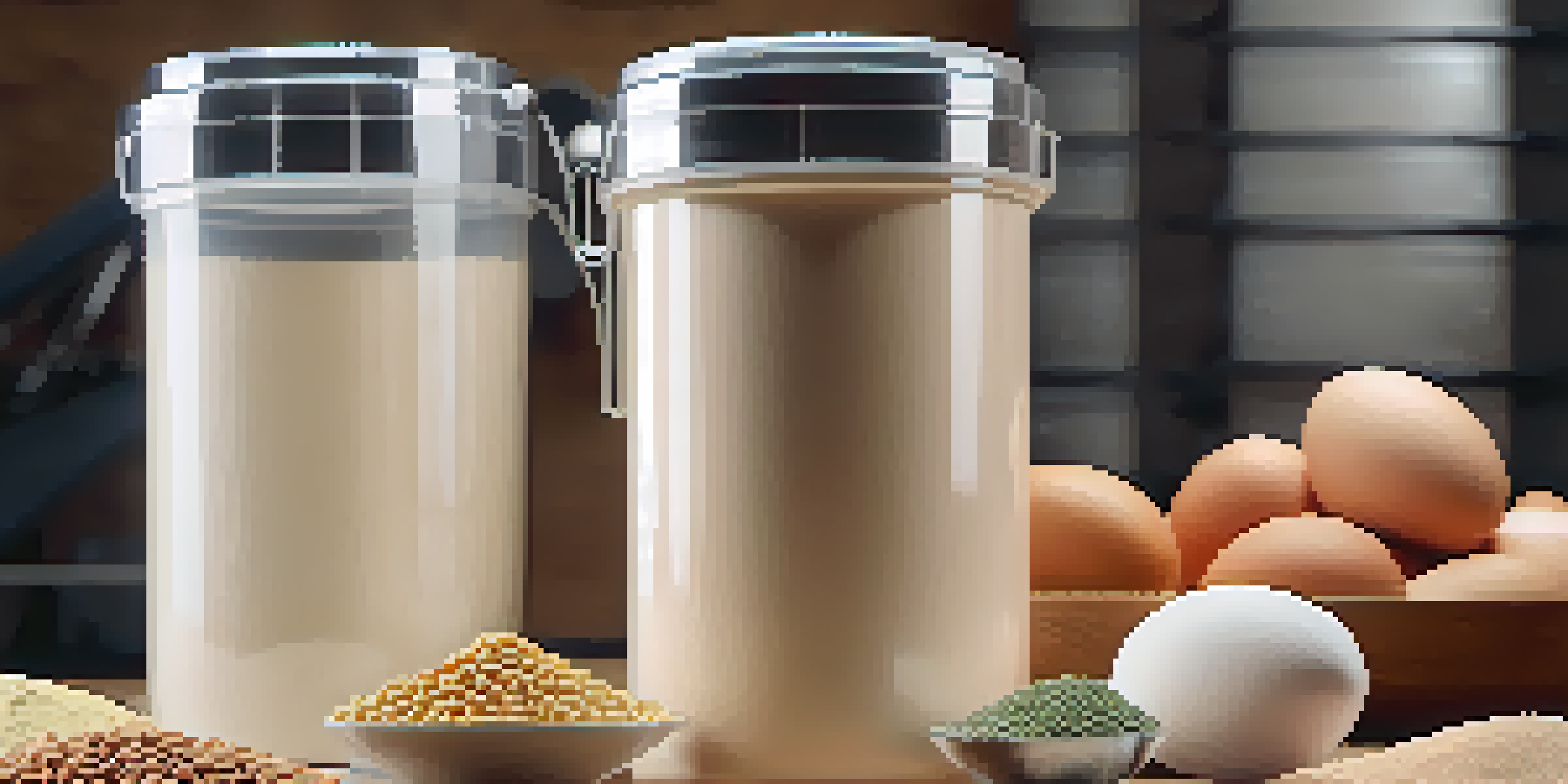 A protein powder container surrounded by protein-rich foods in a gym setting.