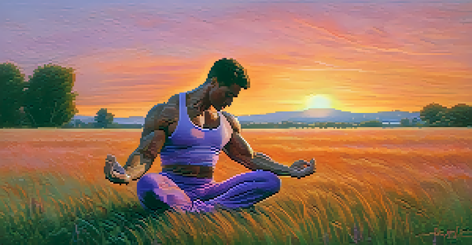 A bodybuilder practicing yoga outdoors at sunset, surrounded by a peaceful natural setting.
