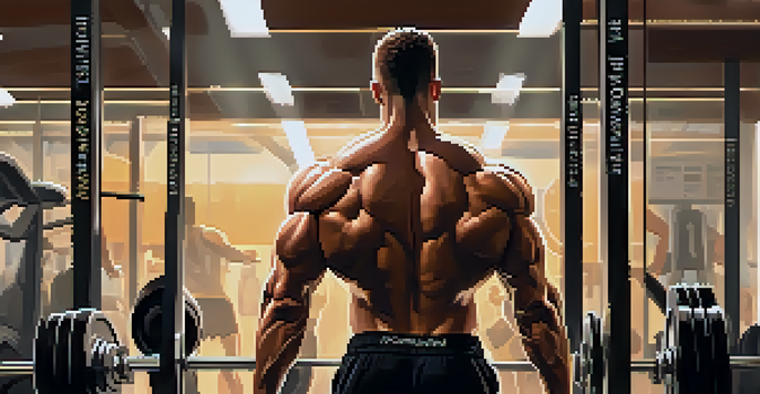 A bodybuilder lifting weights in a serene gym, showcasing determination and focus, with soft lighting and motivational quotes in the background.
