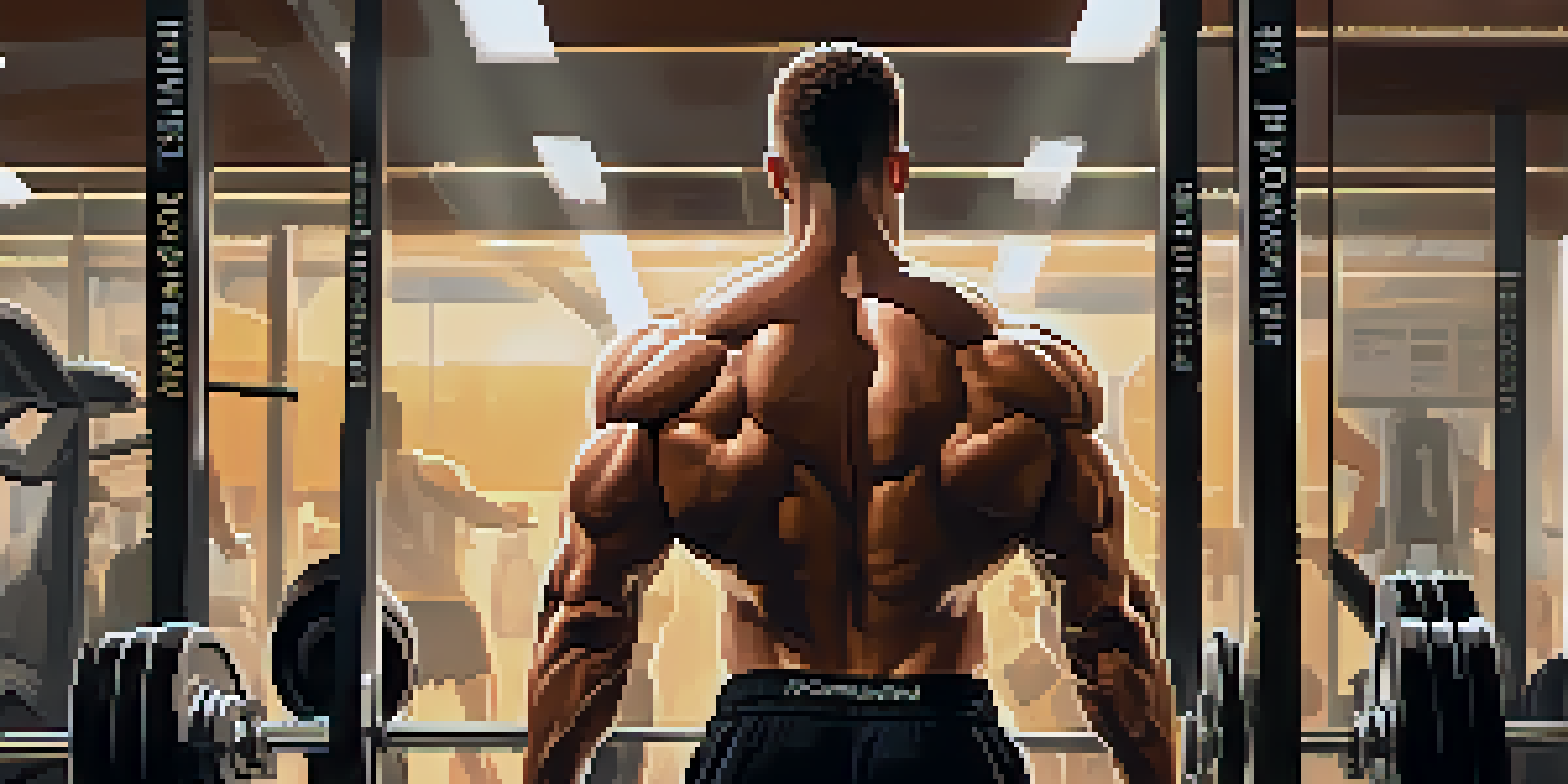 A bodybuilder lifting weights in a serene gym, showcasing determination and focus, with soft lighting and motivational quotes in the background.