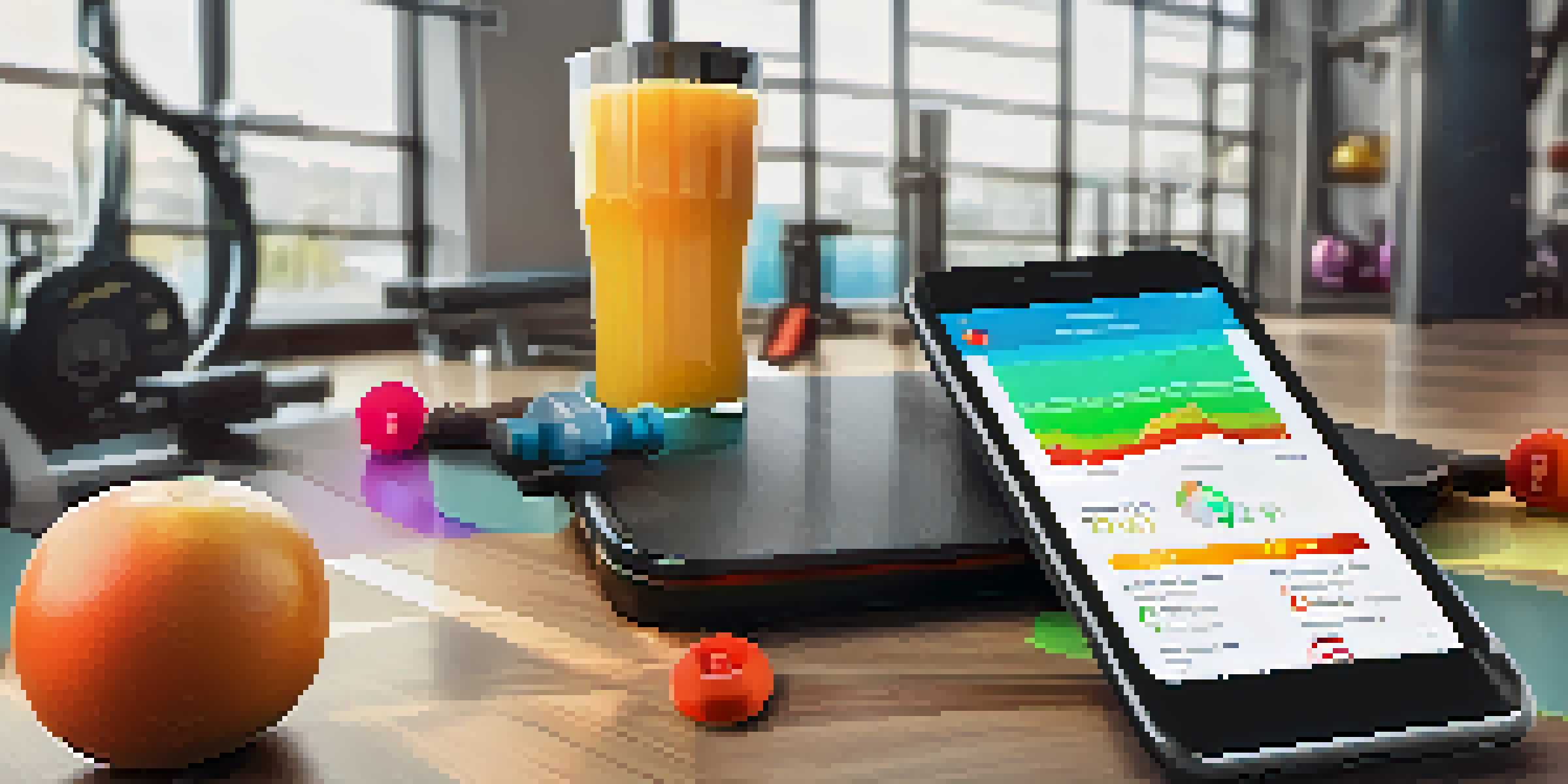 A smartphone showing a fitness app with colorful graphs in a bright gym setting.