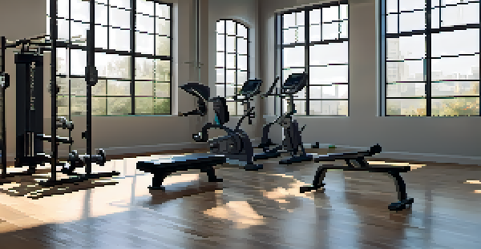 A bright and organized gym with workout equipment like dumbbells and barbells, illuminated by natural light.